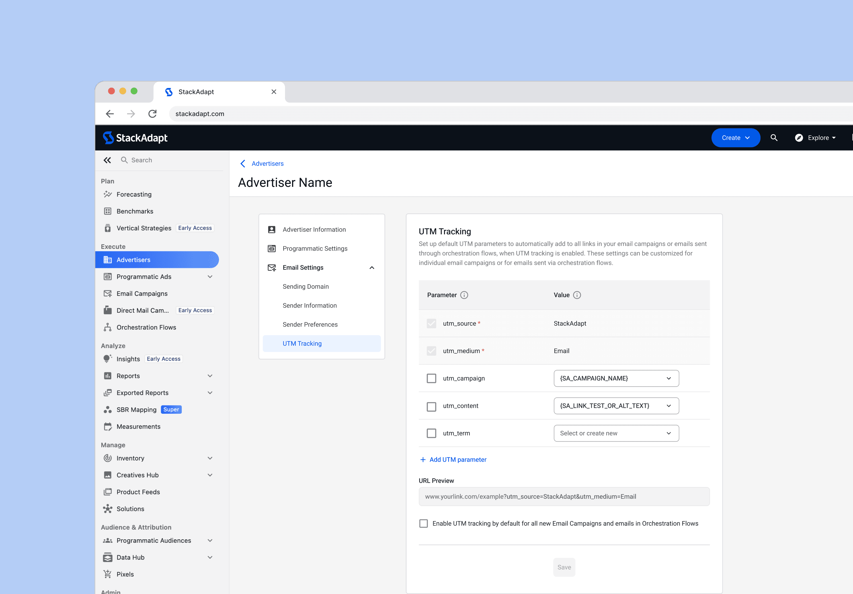 StackAdapt's UTM Tracking settings for an advertiser
