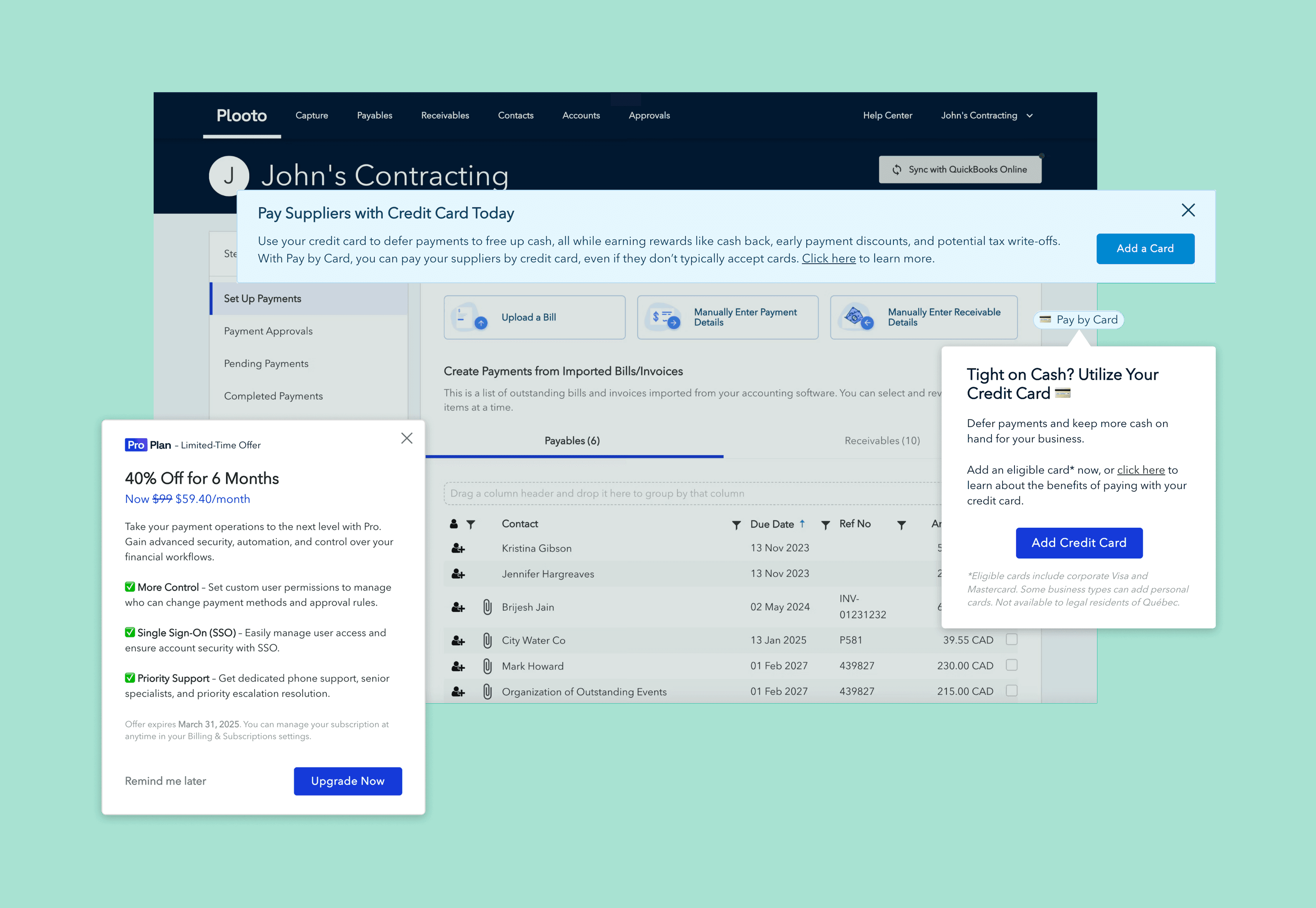 Plooto's payables dashboard with the Pay by Card banner, Pay by Card tooltip and Pro plan offer